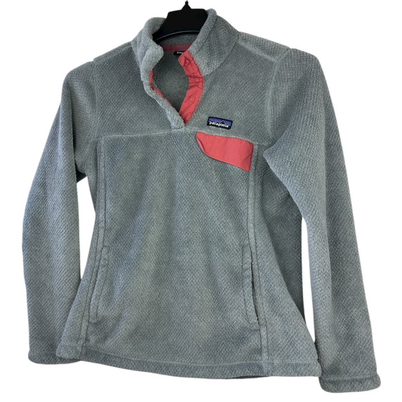 Patagonia Re-Tool Fleece 1/4 Snap-T Pullover Gray Aurea Pink Trim Women's Medium - Picture 2 of 12